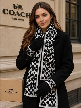 Coach Signature Metallic Gloves and Scarf Set with Free Gift Box.